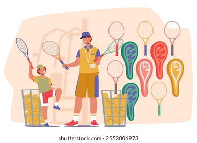 Dad and son cartoon characters choosing new racket for tennis game at sports goods store scene. Happy family shopping buying accessories for summer outdoor leisure activity vector illustration