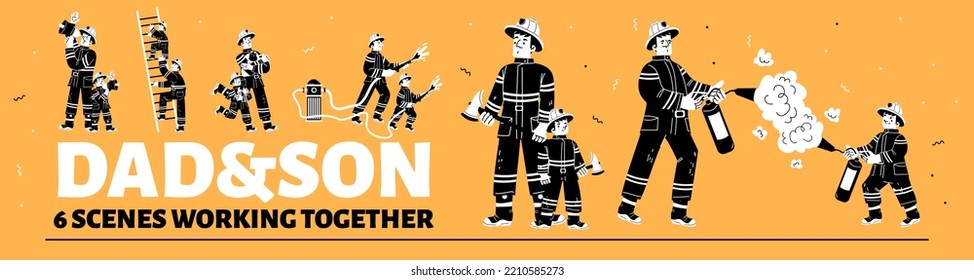 Dad And Son Characters In Fireman Costume With Extinguisher, Hydrant, Water Hose, Axe, Ladder. Father Firefighter With Kid Work Together, Vector Black And White Hand Drawn Illustration