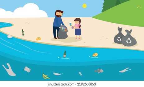 Dad and son collect plastic garbage on the shore in bags