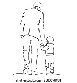 Dad and son in continuous line drawing style. Dad and son walk together holding hands. Minimalist black linear sketch on a white background. Vector illustration.