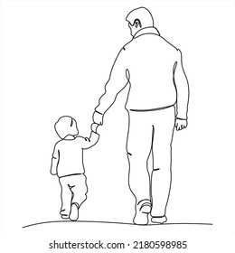 Dad and son in continuous line drawing style. Dad and son walk together holding hands. Minimalist black linear sketch on a white background. Vector illustration.