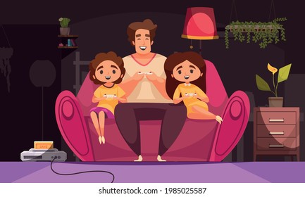 Dad Son Daughter Composition With Night Home Scenery And Father Sitting On Sofa With Two Kids Vector Illustration