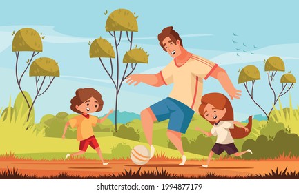 Dad son daughter composition with outdoor suburban landscape and teenage kids playing football with their father vector illustration