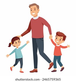 Papá con hijo e hija. Arte conceptual para el Día del Padre. Ilustración vectorial plana en estilo de dibujos animados.