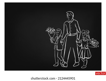 Dad, son and daughter, with flowers rushing to school drawing with chalk on a black chalkboard. Back to School. September 1st template. Vector