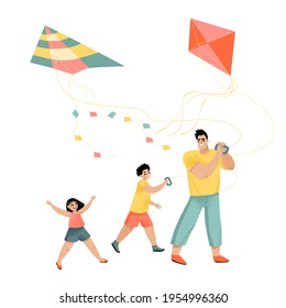 Dad, son and daughter fly kites. Father's day illustration with cute characters isolated on white background.