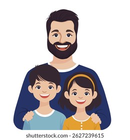Pai com filho e filha. Feliz Dia dos Pais. Ilustração vetorial para cartazes, cartazes, cartões em estilo plano