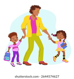 Pai, filho e filha estão de mãos dadas e caminhando para a escola. Cena familiar, cuidados, paternidade. Um pai amoroso e seus filhos passeando, conversando e sorrindo. Ilustração plana vetorial. 