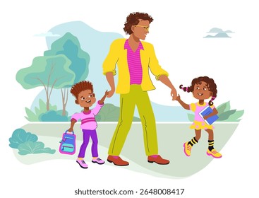 Dad, son, and daughter are holding hands and walking to school through the park. Primary School Kids. A loving father and his children talking and smiling. Cartoon flat vector flat illustration.