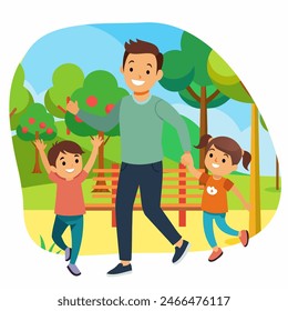 Papá con su hijo e hija en el parque. Arte conceptual para el Día del Padre. Ilustración vectorial plana en estilo de dibujos animados.