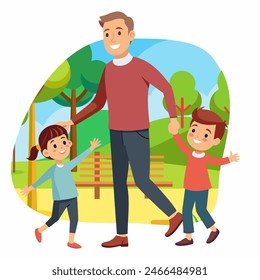 Papá con su hijo e hija en el parque. Arte conceptual para el Día del Padre. Ilustración vectorial plana en estilo de dibujos animados.