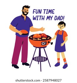Dad and son doing barbecue party, flat style sticker