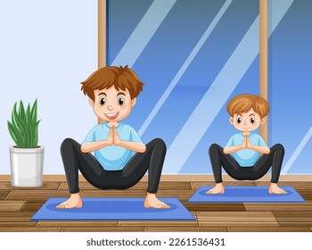 Papa und Sohn, der Yoga zu Hause macht