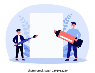 Dad and son drawing with marker and paintbrush. Clear sheet of paper, tiny characters. Flat vector illustration. Family, teamwork, document concept for banner, website design or landing web page