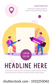 Dibujo de papá e hijo con marcador y pincel. Hoja de papel clara, caracteres pequeños. Ilustración vectorial plana. Familia, trabajo en equipo, concepto de documento para banner, diseño de sitio web o página web de inicio