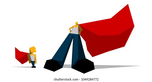 Dad and son dressed as superhero. Father's day. Postcard, poster. Superheroes in perspective. Cartoon.