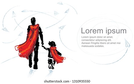 Dad and son dressed as a superhero. Vector illustration. 23 February. Day of defenders of fatherland.