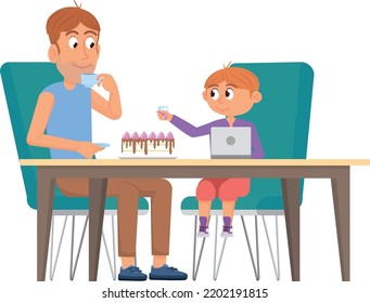 Dad and son eating cake. Happy parent and kid sit at table