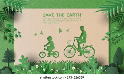 Dad and son enjoy riding bikes in green city, save the planet and energy concept, paper illustration, and 3d paper.