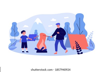 Dad and son enjoying camping. Man and boy grilling sausages on open fire near tent flat vector illustration. Picnic, outdoor activity, travel concept for banner, website design or landing web page