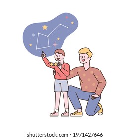 Dad and son are enjoying themselves while observing the constellations together. flat design style minimal vector illustration.