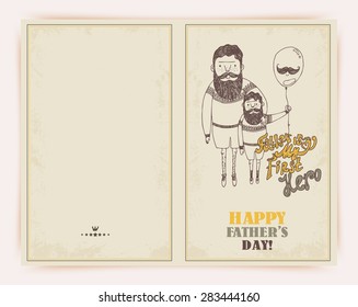 Dad and Son enjoying walk together with balloon on colorful decorated beige background for Happy Father's Day celebrations.