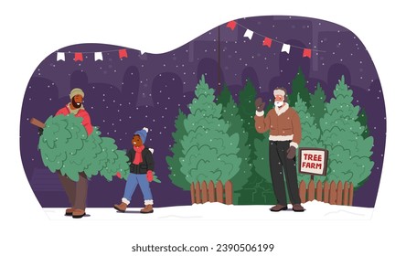 Dad and Son Family Characters Roam The Christmas Tree Farm, Under The Starry Night, Amid Rows Of Evergreens, Searching For The Perfect Holiday Centerpiece. Cartoon People Vector Illustration