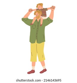 Dad and son. The father carries the child on his shoulders. Parent plays with kid. Happy family. The upbringing and care of children. Flat style in vector illustration. Isolated persons. 
