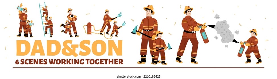 Dad and son fire fighters working together. Father and kid wear uniform fighting with blaze. Firemen climb ladder, use extinguisher, water hose, loudspeaker and axe, Cartoon linear flat vector set