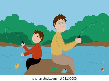 dad and son fishing on the lake. Father's Day.