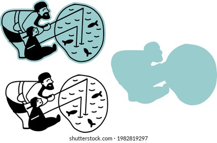Dad and son are fishing on the lake. A fun joint pastime in the nature of the father and the child. Illustration in black and white, on an isolated background, for cutting on a plotter for Father s