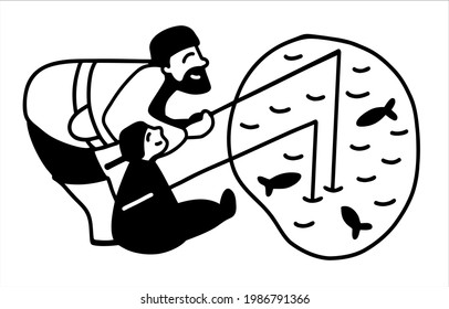 Dad and son are fishing on the lake. A fun joint pastime in the nature of the father and the child. Illustration in black and white, on an isolated background, for cutting on a plotter for Father s