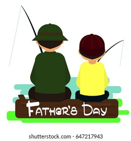 
Dad and son are fishing. Paper design for the holiday. Inscription Father's Day. Design of a postcard, booklet. Vector greetings