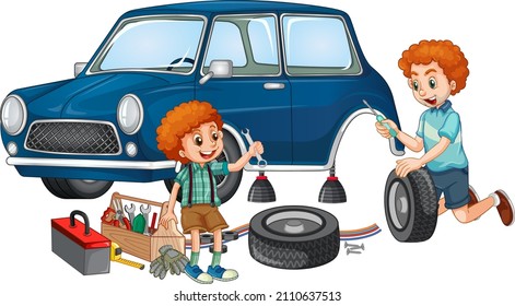 Dad and son fixing a car together on white background illustration