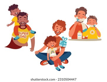 Dad and son flat illustrations set. Parental connections between father and baby. Shaving and gaming. Family time together. Relationships design elements