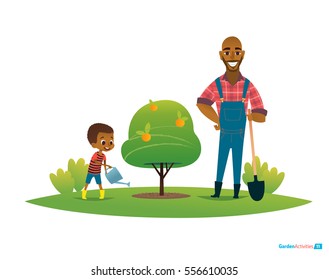 Dad and son in fruit garden, boy in gumboots, apple tree and watering can with father standing by with shovel. Children's environmental education concept. Vector illustration for poster, website.