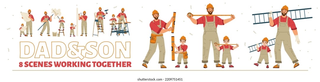 Dad and son in handyman uniform and helmet working together. Boy help father build and repair. Handyman and kid with construction tools, vector hand drawn illustration