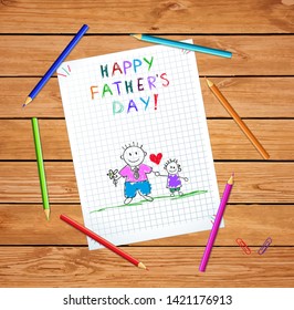 Dad and Son Happy Fathers Day Greeting Card, Baby Hand Drawn Illustration on Checkered Notebook Sheet or Graphing Paper on Wooden Table with Colored Pencils. Kindergarten Kids Sketchy Doodle Vector
