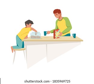 Dad and son have breakfast together. Cartoon father gives boy muesli and biscuits, family morning meal in kitchen. Parent and child relationship, cozy home isolated scene, vector flat illustration
