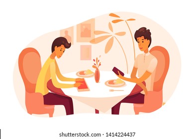 Dad and son have dinner at restaurant illustration. Brothers, friends eating at cafe. Mom with teenage child flat vector characters at lunch break. Cartoon father and kid use gadgets at breakfast