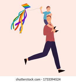 Dad and son have fun, fly a kite. Vector hand drawn illustration. June 21 is Father's Day.