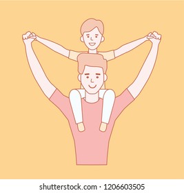 Dad and son having fun outdoors. hand drawn style vector doodle design illustrations