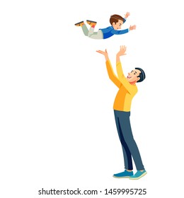 Dad And Son. Having Fun Together. Role Model, Greatest Mentor. Part Of Series Of Fathers Day Celebration Banners. Father And His Child Having Good Time Together, Best Dad Cartoon Vector Illustration