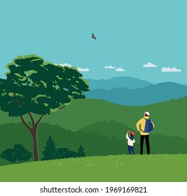 Dad and Son Hiking Together in Mountains Vector. Fathers day concept. Father, kid boy stand enjoy top of mountain scenic view background. Family tourist trip summer outdoor adventure illustration