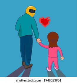 Dad and Son Holding Hands Walking Together.  Vector illustration in a flat style. family concept
