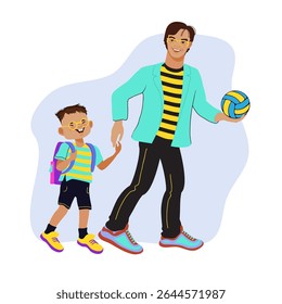 Pai e filho estão de mãos dadas e caminhando para a escola. Cena familiar, cuidados, paternidade. Um pai amoroso e seu filho passeando, conversando e sorrindo. Ilustração plana vetorial. 