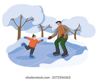 dad and son ice skating. dad teaches his son to ride. concept of ice skating, figure skating, winter sports