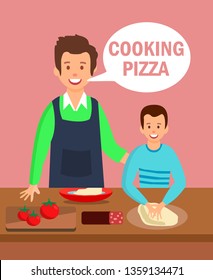 Dad and Son in Kitchen Flat Cartoon Illustration. Chef Giving Culinary Lessons for Kids. Pepperoni, Margarita, Napolitana Cooking Process. Happy Boy Kneading Dough and Cutting Salami