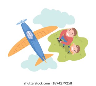 Dad and Son Launching Aeromodel, View from Above of Happy Parent and Son Spending Time Together Outdoors, Aeromodelling Cartoon Style Vector Illustration