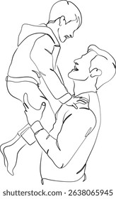 Dad and Son Line Art – Minimalist Illustration of Father Lifting Happy Child